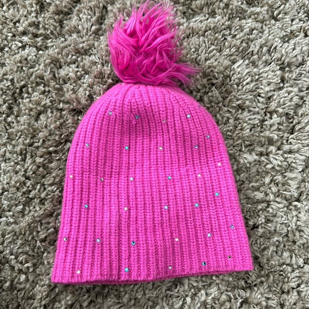 Pink Rhinestone Pom Pom Knit Beanie